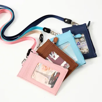 1PC személyi igazolvány Tartó zsinór nyakpánttal Uniszex hitelkártya tartók PU bőr Mini érme pénztárca Busz kártya táskák Irodai kellékek