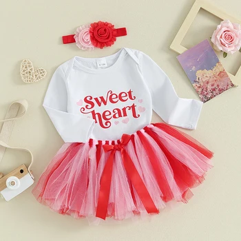 Kislányok Valentin-napi öltöny levél nyomtatás Romper és tüll szoknya Aranyos fejpánt 3 részes édes ruhák
