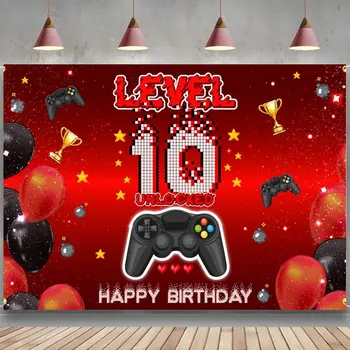 10. szint feloldott háttér Banner dekorációk játék Boldog 10. születésnapot fiúknak Lányok Piros Fekete Level Up téma Party fotózás