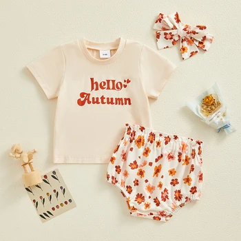 Nyári újszülött kislányok Aranyos ruhakészletek Levélnyomtatás Rövid ujjú alkalmi pólók Felsők+Magas derékú virágos rövidnadrág+fejpánt
