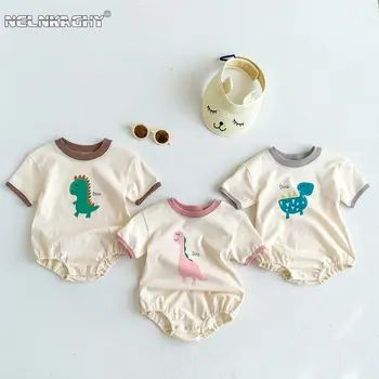 Koreai nyári gyerekek baba rövid ujjú bodys rajzfilm dinoszaurusz mintás wrap csípő romper újszülött csecsemő fiúk kúszónövény